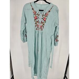 Vtg Womens Sz L Midi length Long Sleeve Boho Dress Floral Embroidered Teal